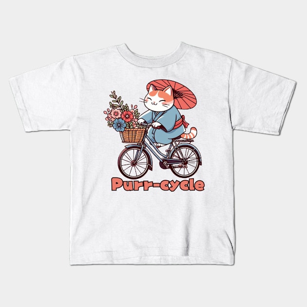 Japanese cat cycling Kids T-Shirt by Japanese Fever